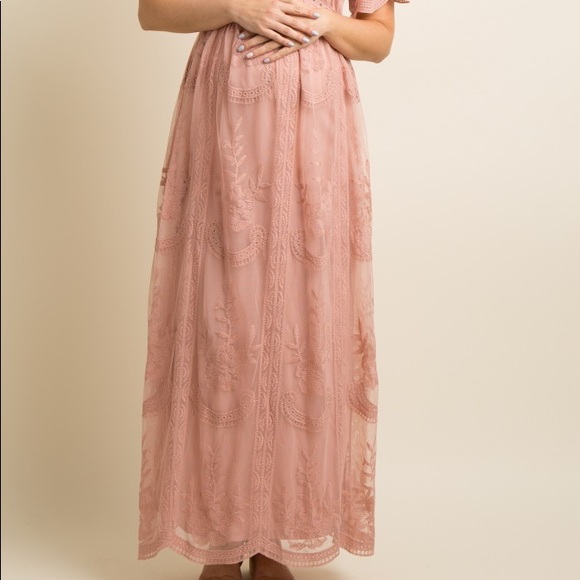 PinkBlush Lace Mesh Plus Maternity Maxi Dress 1X - Picture 4 of 13